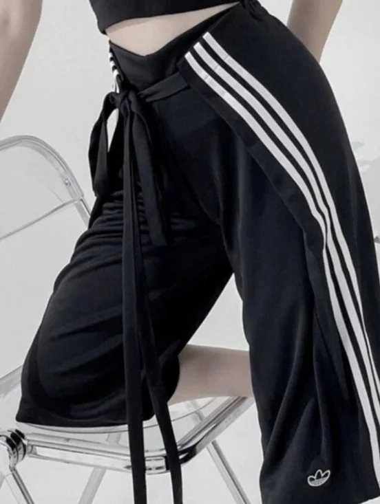 adidas Black Wide-Leg Culotte Track Wrap Around Shorts White Stripes - Picture 1 of 6